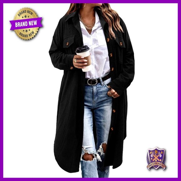 Jackets & Blazers - Oversized Corduroy Shacket Plaid Long Trench Coat Button Down Casual Chic